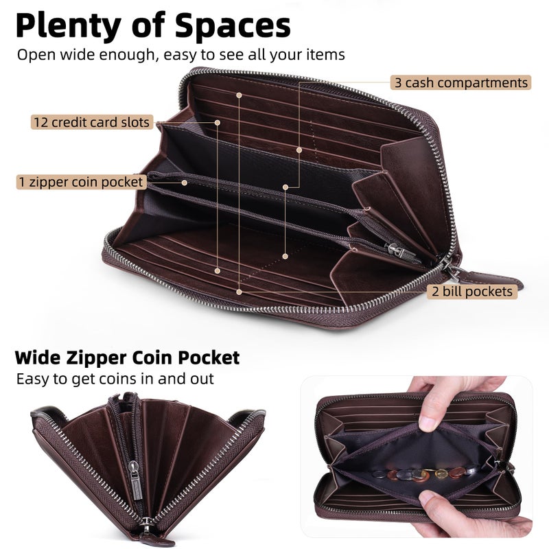 VISOUL Leather Long Zipper Pouch Wallet for Men and Women with RFID Blocking, Large Clutch Cash Long Wallet with Zipper (Coffee) - Image 2